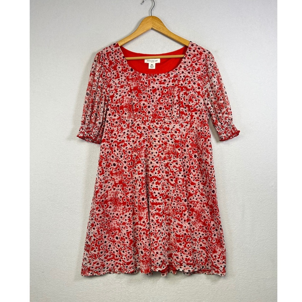 Skye's The Limit Floral Mini Dress Womens PXL Red White Daisy‎ Mesh Puff Sleeve